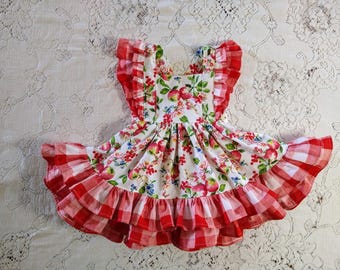 The Apple Orchard Double Ruffle Dress - Baby Toddler & Girls Handmade - Birthday Party - Fall Summer Pinafore Dress - Berries Apples Harvest