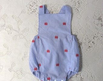 Lil Crabby Blue Stripe Embroidered Crabs Sunsuit - Baby Boy Seaside Romper - Ocean Beach Infant Toddler Child Sizes - Vintage-Style Sunsuit