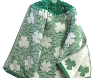 Green Shamrocks Hanging Kitchen Towel - St Patrick's Day Green Double Layer Refrigerator Towel - Best Quality Crochet Top - Moms Gift