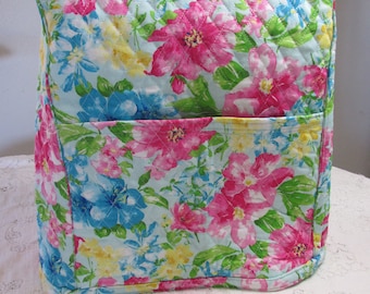 Reversible Kitchen Mixer Cover - Pink & Blue Watercolor Flowers on Light Blue - Watercolor Reverse - Size or Pocket options  4, 5, 6 OR 7 Qt