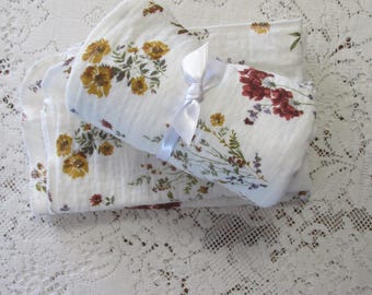 Gift Set - Floral Muslin Receiving Blanket & 2 Burp Cloths - Bubble Gauze Swaddle - Choose Your Print