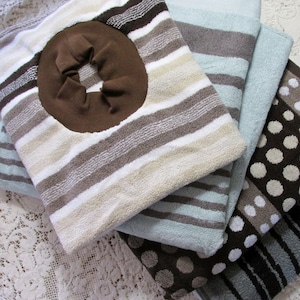 Teen or Adult Special Needs Towel Bib - Neck Ribbing - Choice of Colors: Floral, Purple, Sharks, Brown Aqua Stripe - Clothing Protector