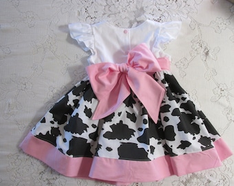 Vestido de fiesta de cumpleaños de vaca - tamaños de bebé niño y niña - rosa negro blanco - opciones de manga - hecho a mano - vestido de vaca de granja - vestido de rodeo