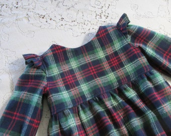 Long Sleeve Lightweight Flannel Romper in Choice of Christmas Plaid, Hunter or Navy Tartan Plaid - Baby Toddler Child - Vintage-Style Bubble