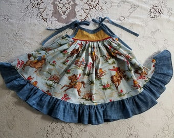 Western Rodeo Twirly Dress - Old Time Cowboy - Denim Chambray - Baby Toddler and Girl sizes - Handmade - Western - Rodeo - Cowgirl