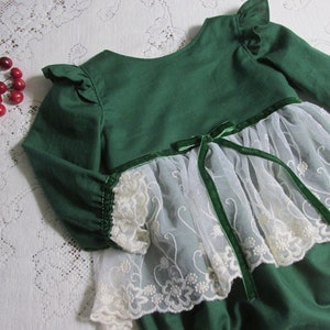 Forest Green & Cream Lace Skirted Holiday Romper - Green Velvet Trim - Infant Toddler Child - Christmas Baby Girl Outfit - Vintage-Style