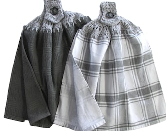 Juego de 2 toallas de cocina a cuadros grises – Toalla colgante de crochet gris claro