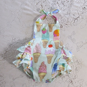 Ice Cream Cone Ruffled Bubble Romper - Ice Cream Birthday Party - Cherry - Cone - Infant Toddler Child - Vintage-Style Sunsuit - Photo Prop