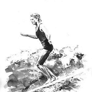Female Surfer Longboard | Long Board Surf, Watercolour Surfing Artwork, Surf Beach Decor, Black and White Surf, Surf Life