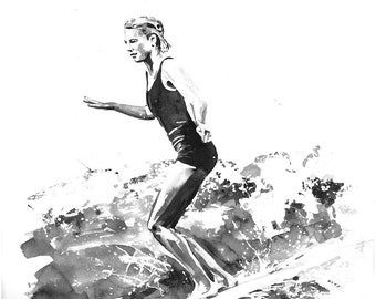 Damen Surfer Longboard | Long Board Surf, Aquarell Surfing Kunstwerk, Surf Strand Dekor, Schwarz-Weiß Surf, Surf Life