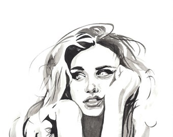 Acuarela Retrato de mujer / Impresión de arte, Acuarela en blanco y negro, Arte de pared sin marco, Obra de arte original de edición limitada