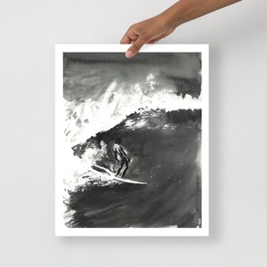 Surf Art Gerry Lopez Print | Surfing Big Wave, Black and White Watercolour Artwork, Surf Beach Decor, Surf Life Wave Print