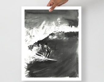 Surf Art Gerry Lopez Print | Surfing Big Wave, Black and White Watercolour Artwork, Surf Beach Decor, Surf Life Wave Print