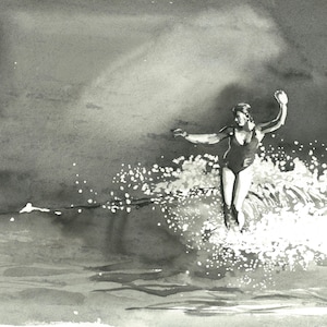 Surf Art Print Woman | Watercolour Surf Print, Surfer Girl Print, Black and White, Long Board Surf