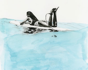 Longboard Surf Art Girl | Surf Art Print, Aquarell Surf Kunstwerk, Ozean Print, Surfer Girl Print