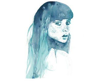 Acuarela azul / Rostro femenino, Retrato de belleza, Mujer hermosa, Chica con impresión de arte, Arte de pared sin marco, Obra de arte original de edición limitada 1