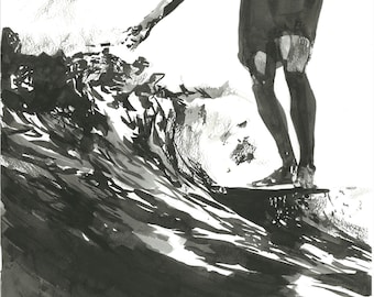 Surf Art Print | Long Board Surf, Watercolour Surfing Artwork, Surf Beach Decor, Black and White Surf, Surf Life