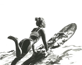 Frau Surfing Print | Aquarell Surfen, Surf Art, Beach Art, Longboard Art,