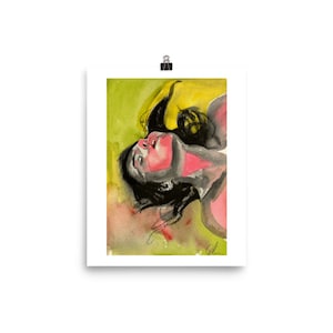 May include: A watercolor painting of a person with black hair and a pink and red face. The person is lying on their back with their head tilted back and their eyes closed. The background is a green and yellow watercolor wash.