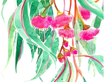 Roze Eucalyptus Gum bloem Schilderij | Sideroxylon originele kunstwerk, print aquarel bloemen, Australische inheemse flora, wall art decor