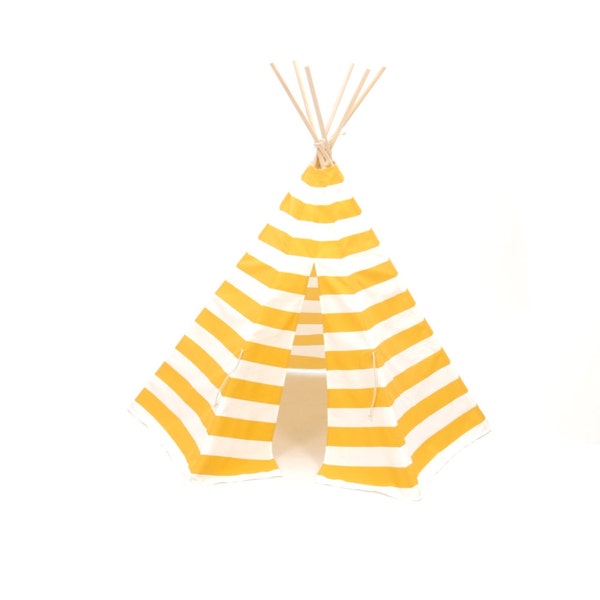 SALE!! Poles Included Teepee Play Tent yellow and white wide stripe- 6 panel