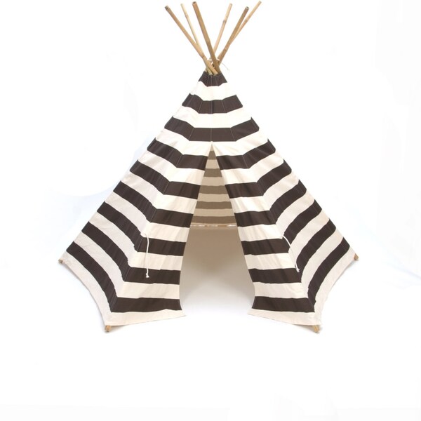 Teepee Play Tent bamboo poles included chocolate brown and natural white stripe- 6 panel