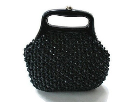 Vintage Black Raffia and Plastic Beaded Handbag,1… - image 2