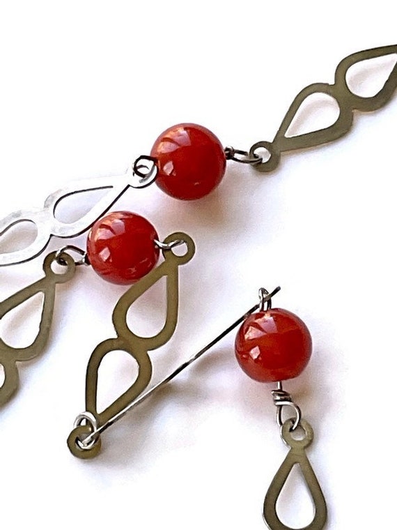 Vintage Carnelian Crystal Beaded and Silver Chain… - image 3