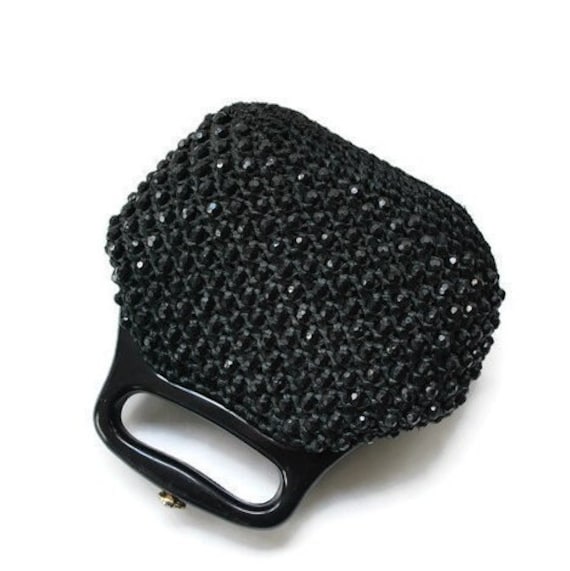 Vintage Black Raffia and Plastic Beaded Handbag,1… - image 1