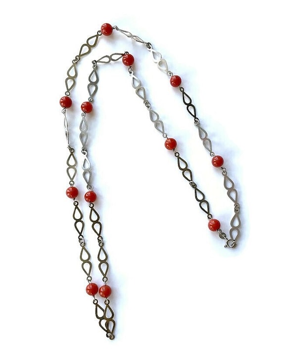 Vintage Carnelian Crystal Beaded and Silver Chain… - image 1