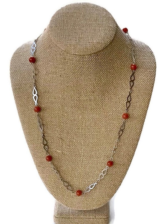 Vintage Carnelian Crystal Beaded and Silver Chain… - image 2