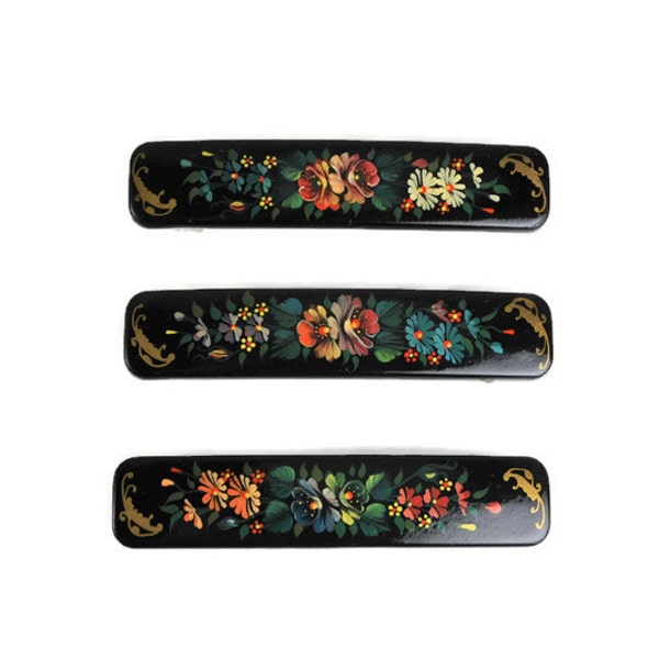 Vintage Zhostovo Floral Painted Hair Clips, Hand Painted Tole, Folk Art Barrettes, Hair Accessories