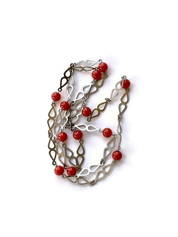 Vintage Carnelian Crystal Beaded and Silver Chain… - image 5