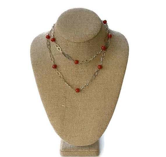 Vintage Carnelian Crystal Beaded and Silver Chain… - image 4