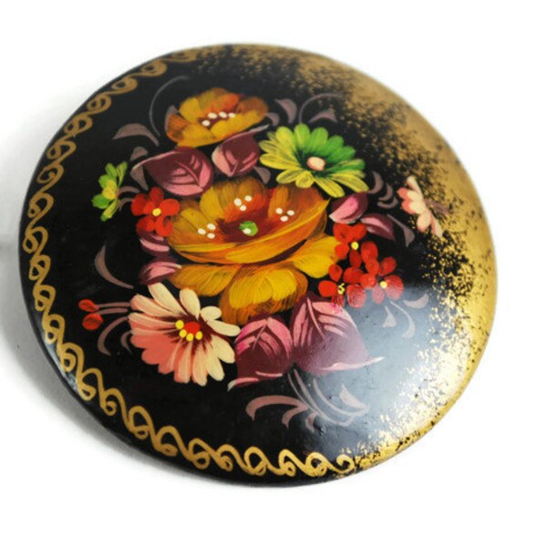 ON HOLD-Vintage Zhostovo Laquered Floral Brooch, Tole, Folk Art Painting, Hand Painted Jewelry