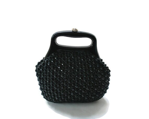Vintage Black Raffia and Plastic Beaded Handbag,19
