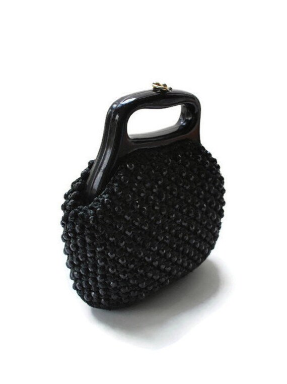 Vintage Black Raffia and Plastic Beaded Handbag,1… - image 3