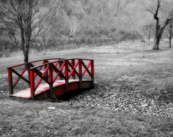 Landscape Photography- Americana Art- Fine Art Photography- Black and White and Red Park Bridge - 8x12 Print