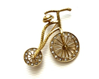 Bicycle Brooch/Pin, Vintage 1980s, 1990s, Gold-Tone Metal, Rhinestones, Sports Accessory, Fashion, Costume Jewelry