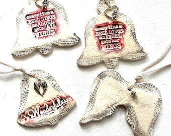 Set of 4 It's a Wonderful Life Ornaments, Bells & Angel Wings, Rustic Ceramic White, Red, Movie Quote, Christmas Decor