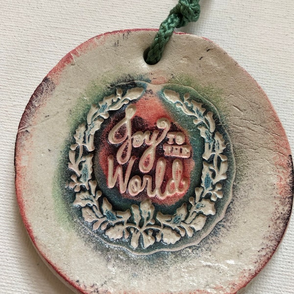 Joy to the World Ornament, Rustic Ceramic White, Red, Blue, Green, Primitive Old World Decoration