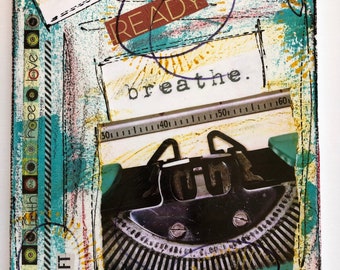 Breathe Hope Faith Love Painting, Mixed Media Collage, Canvas, White, Teal, Turquoise, Aqua, Red, Black Typewriter, Yoga Tai Chi Art, Decor