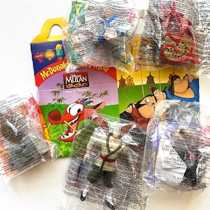 6-pc Mulan McDonald&#39;s Toys, Vintage 1990s, Disney, Happy Meal Box, Shang & Mushu figures, Khan, Chien Po, Spinning Tops, Launch toy, Movie