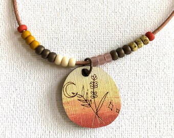 Moon Flowers Sunset Choker Necklace, Wood Pendant, Brown, Orange, Yellow, Miyuki Beads, Coconut Button, Leather, Nature Minimalist Jewelry