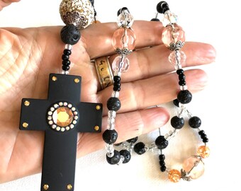 Prayer Beads, Anglican & Protestant, Rosary, Cross Pendant, Black, Pink, Clear, Lava Beads, Rhinestones, Spiritual Religious Christian Life