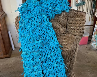 Turquoise Teal Blue Scarf, Hand-Knitted Yarns, Long, Boho Hippie Winter Fashion Accessory