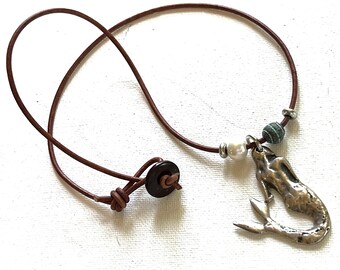 Mermaid Necklace, Mykonos Metal Pendant, Freshwater Pearl & Metal Bead, Brown Leather Cord, Coconut Button, Beach Cruise Jewelry, Fashion