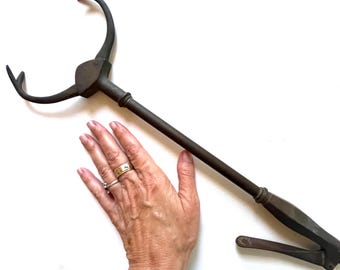 Vintage 1880s-1910s Brass Fireplace Tongs/Tool, Log Gripper, Stamped A.C. Harris, Leicester, UK/United Kingdom, England, British Decor