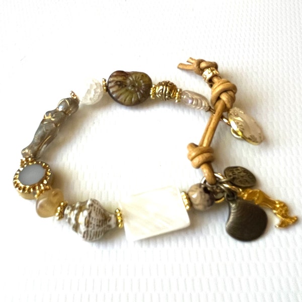 Mermaid Chunky Beaded Bracelet, Silver, Gold, White, Jasper, Agate & Mother of Pearl Beads, Glass Beads, Leather, Tropical Cruise Jewelry