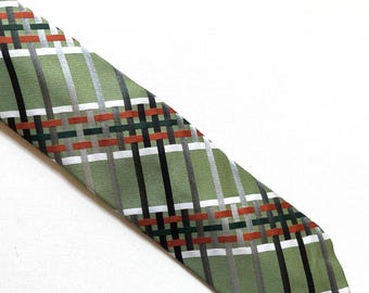 Vintage 1970s Campilini Beau Brummell Men's Neck Tie, Avocado Sage Green & Orange, Polyester, Disco Costume Fashion Accessory